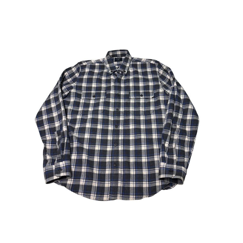 J.Crew Mens Blue Grey Plaid Cotton Flannel Button Down Shirt E3220 Size L